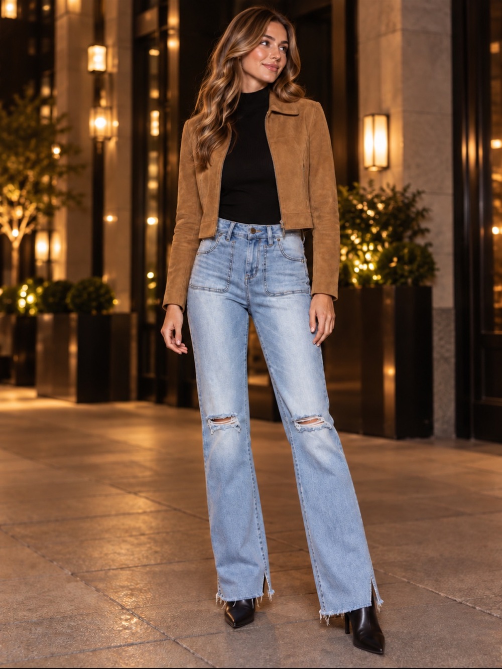 American Eagle High Rise Flare Jeans Size 4 Long Ripped Split Hem Patch Pocket